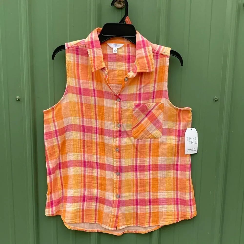 Women's Sleeveless Super Soft Cotton Button Down Top Shirts Size M